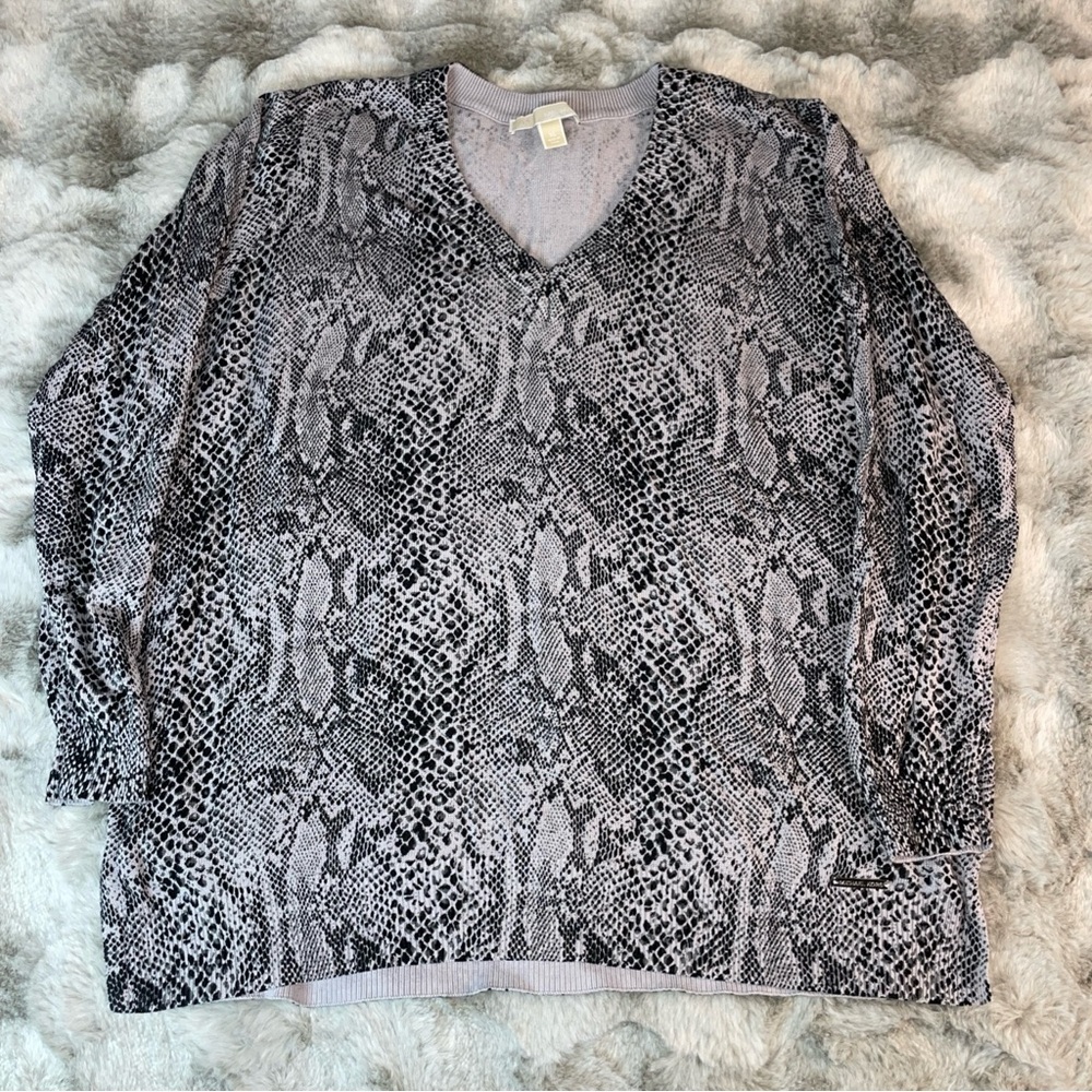 Michael Kors Womens XL Grey Snakeskin Print V-Neck Knit Sweater Long Sleeve-0683